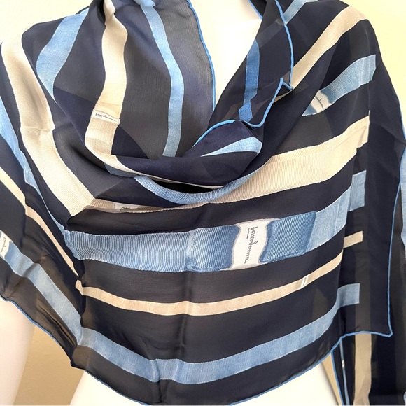 Salvatore Ferragamo Silk Scarf 60" X 16.5" Blue & Beige - Picture 4 of 10
